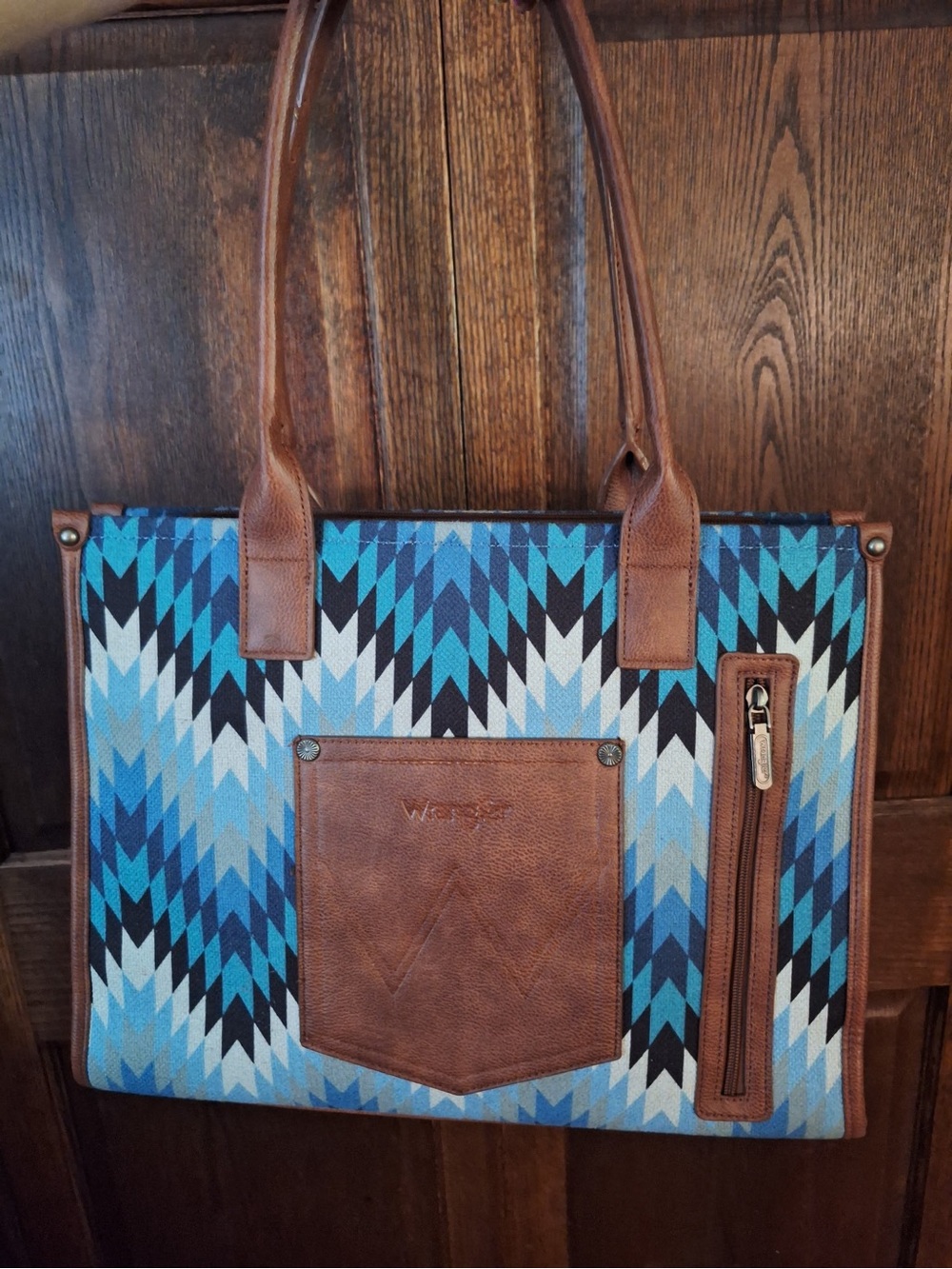 Wrangler Blue Geometric Canvas Tote with Brown Trim and Straps